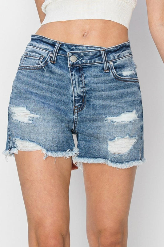 RISEN Stepped Waist Frayed Denim Shorts - Purely Goods