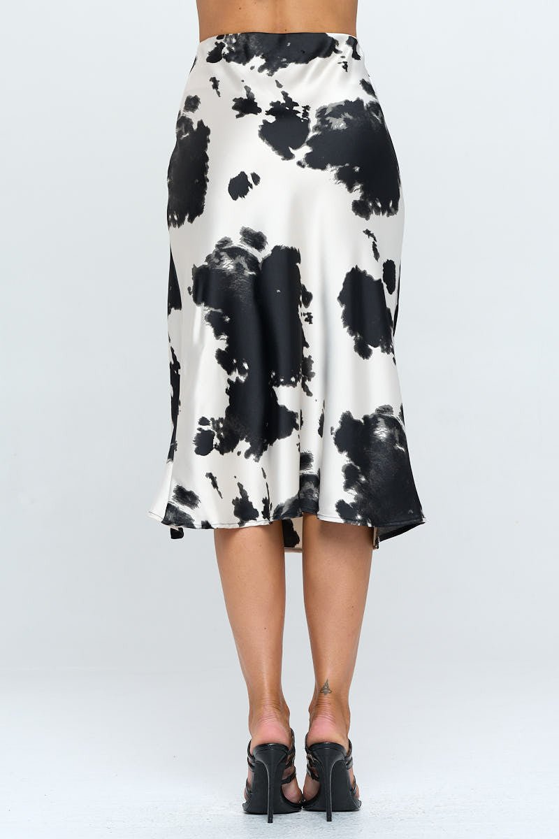 Satin Cow Print Midi Skirt with Slit - Purely Goods