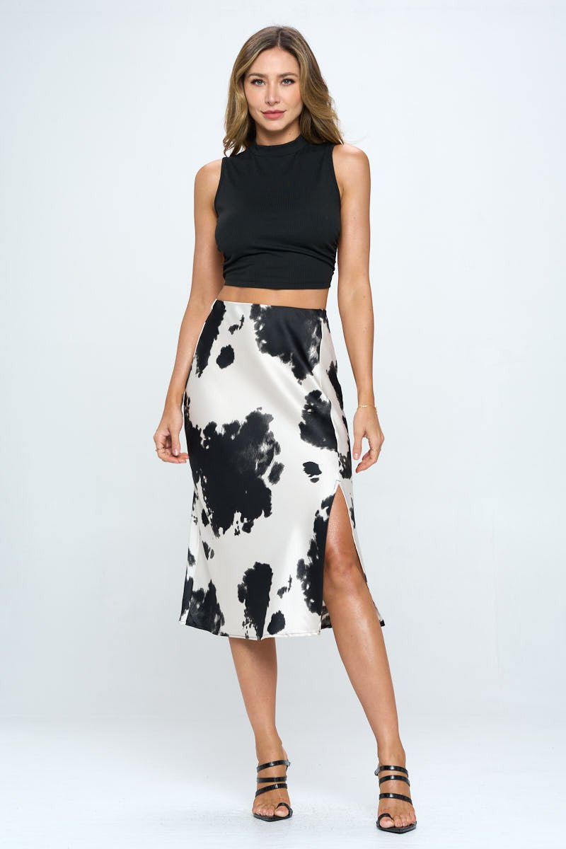 Satin Cow Print Midi Skirt with Slit - Purely Goods