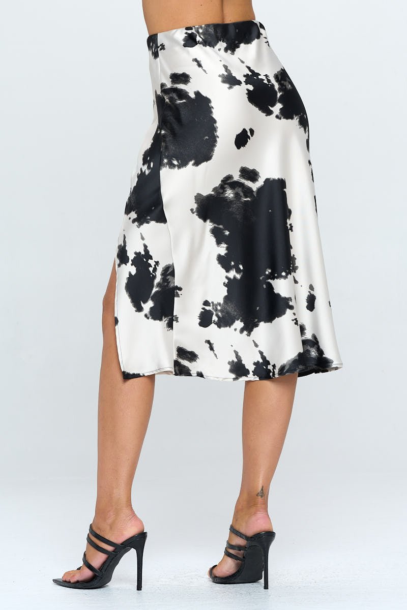 Satin Cow Print Midi Skirt with Slit - Purely Goods