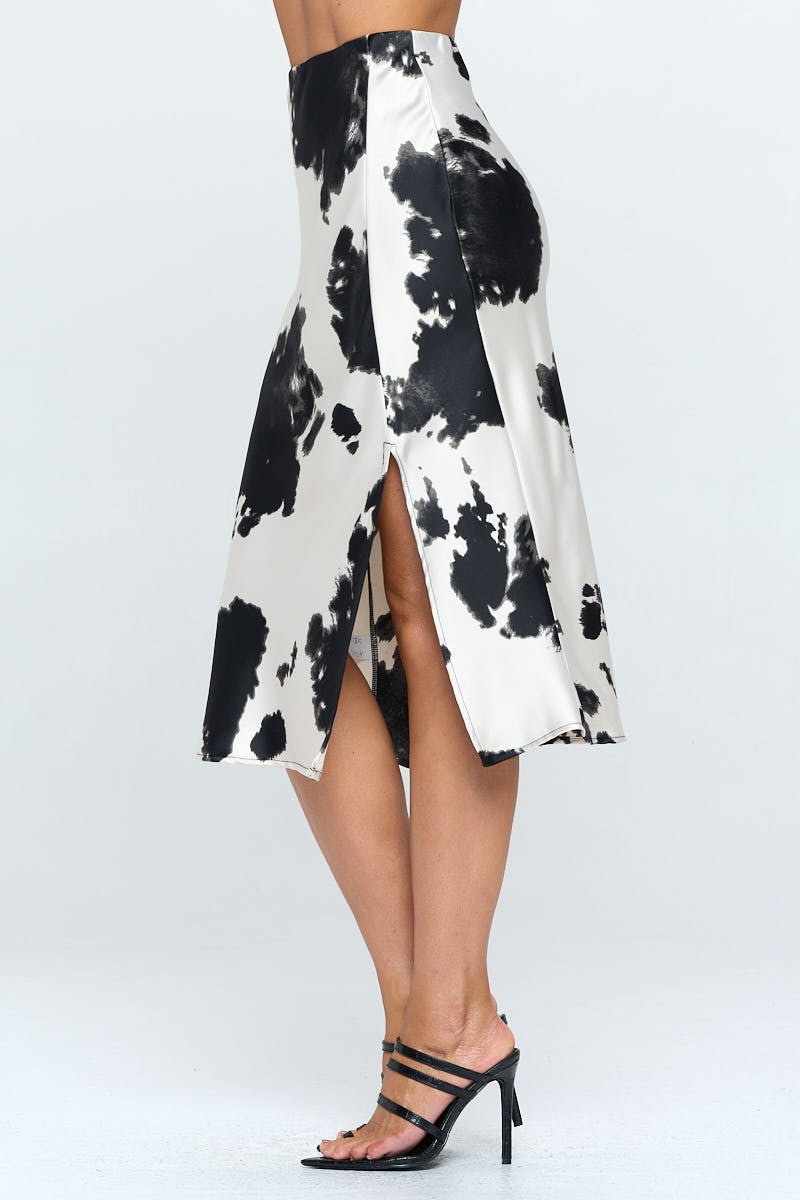 Satin Cow Print Midi Skirt with Slit - Purely Goods