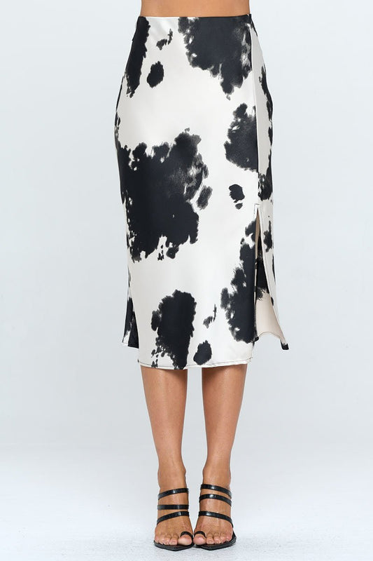 Satin Cow Print Midi Skirt with Slit - Purely Goods