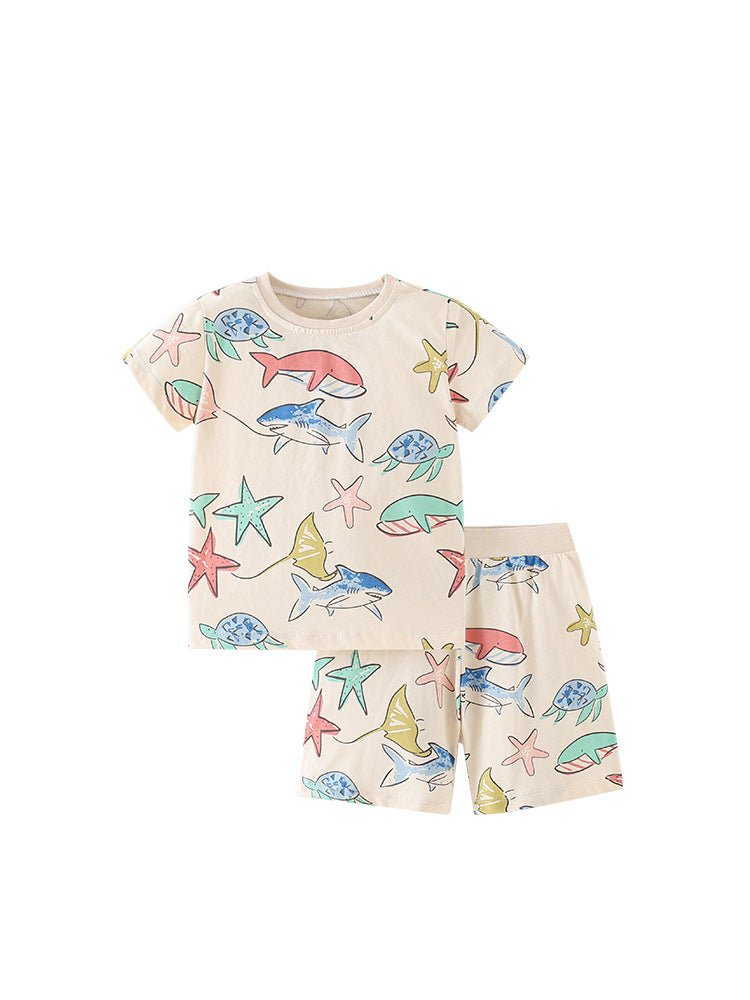 Summer Baby Kids Girls Marine Animals Cartoon Pattern Short Sleeves T-Shirt And Shorts Casual Clothing Set - Purely Goods