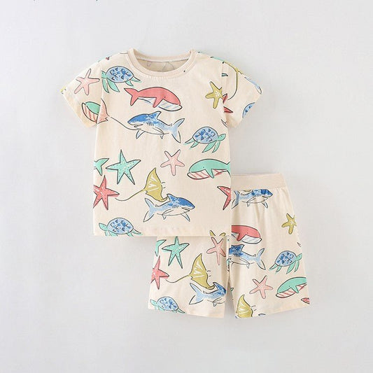 Summer Baby Kids Girls Marine Animals Cartoon Pattern Short Sleeves T-Shirt And Shorts Casual Clothing Set - Purely Goods