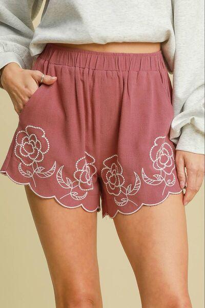 Umgee Full Size Linen Blend Shorts with Floral Embroidered Details Plus Size - Purely Goods