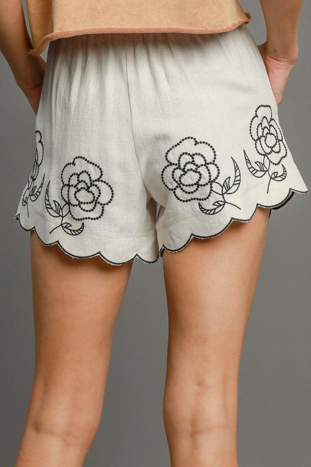 Umgee Full Size Linen Blend Shorts with Floral Embroidered Details Plus Size - Purely Goods