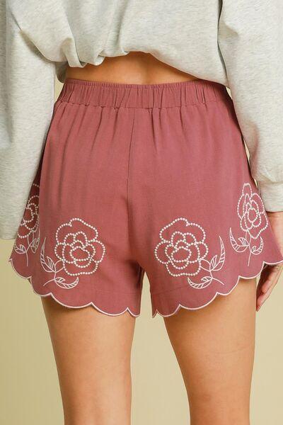 Umgee Full Size Linen Blend Shorts with Floral Embroidered Details Plus Size - Purely Goods