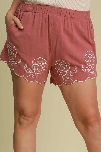 Umgee Full Size Linen Blend Shorts with Floral Embroidered Details Plus Size - Purely Goods