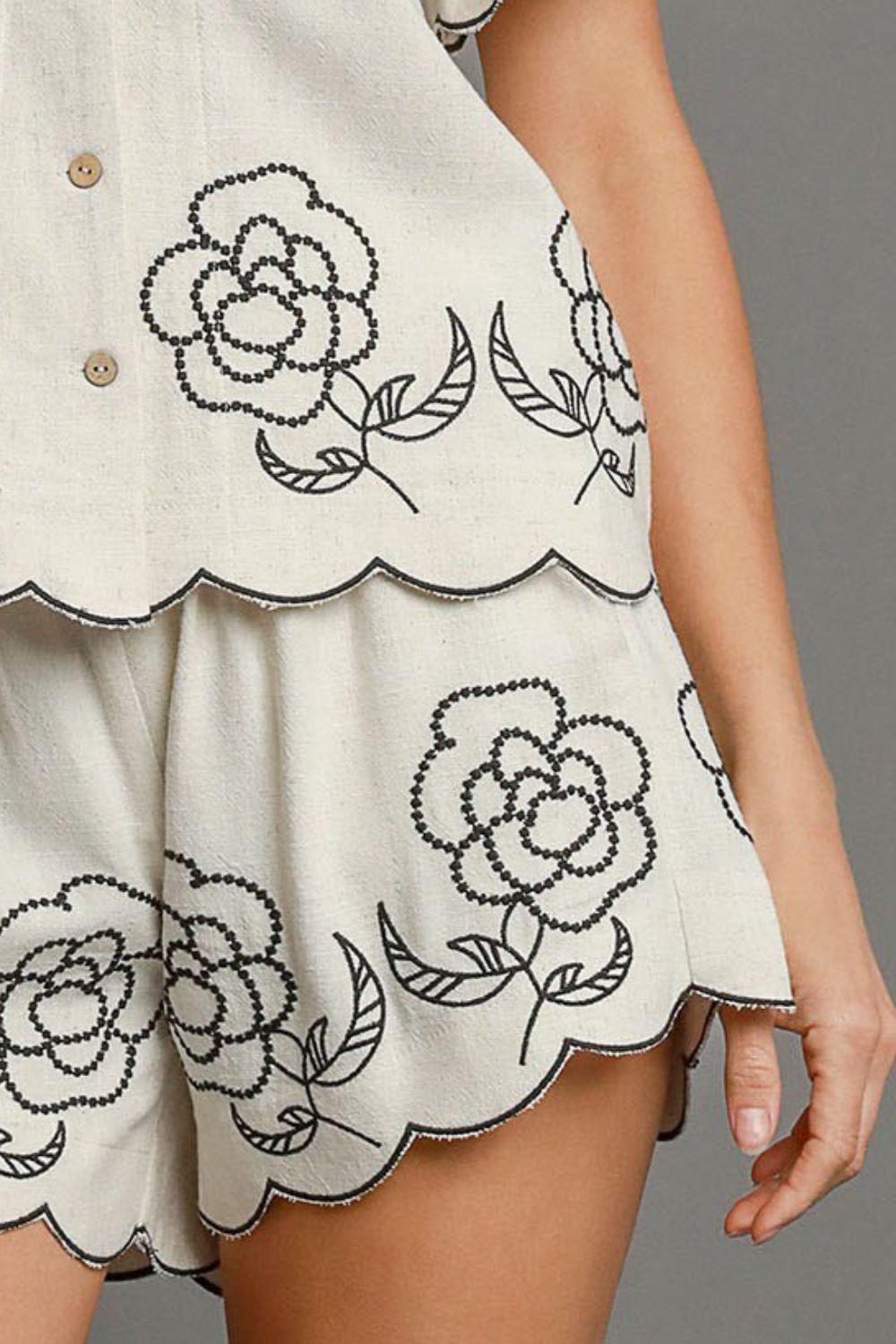Umgee Full Size Linen Blend Shorts with Floral Embroidered Details Plus Size - Purely Goods