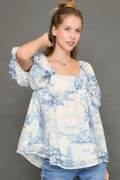 Umgee Full Size Two Tone Toile Print Top Plus Size - Purely Goods