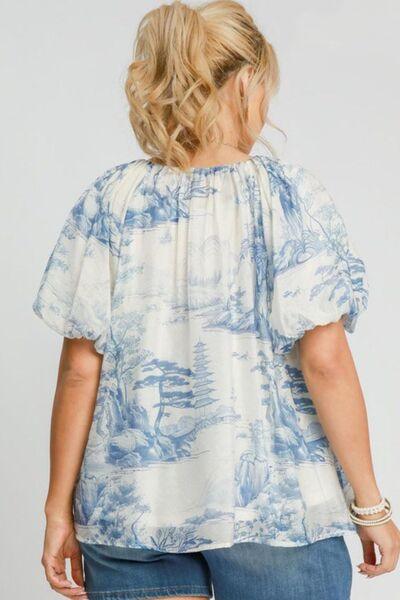 Umgee Full Size Two Tone Toile Print Top Plus Size - Purely Goods