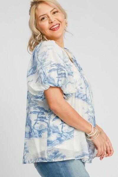 Umgee Full Size Two Tone Toile Print Top Plus Size - Purely Goods