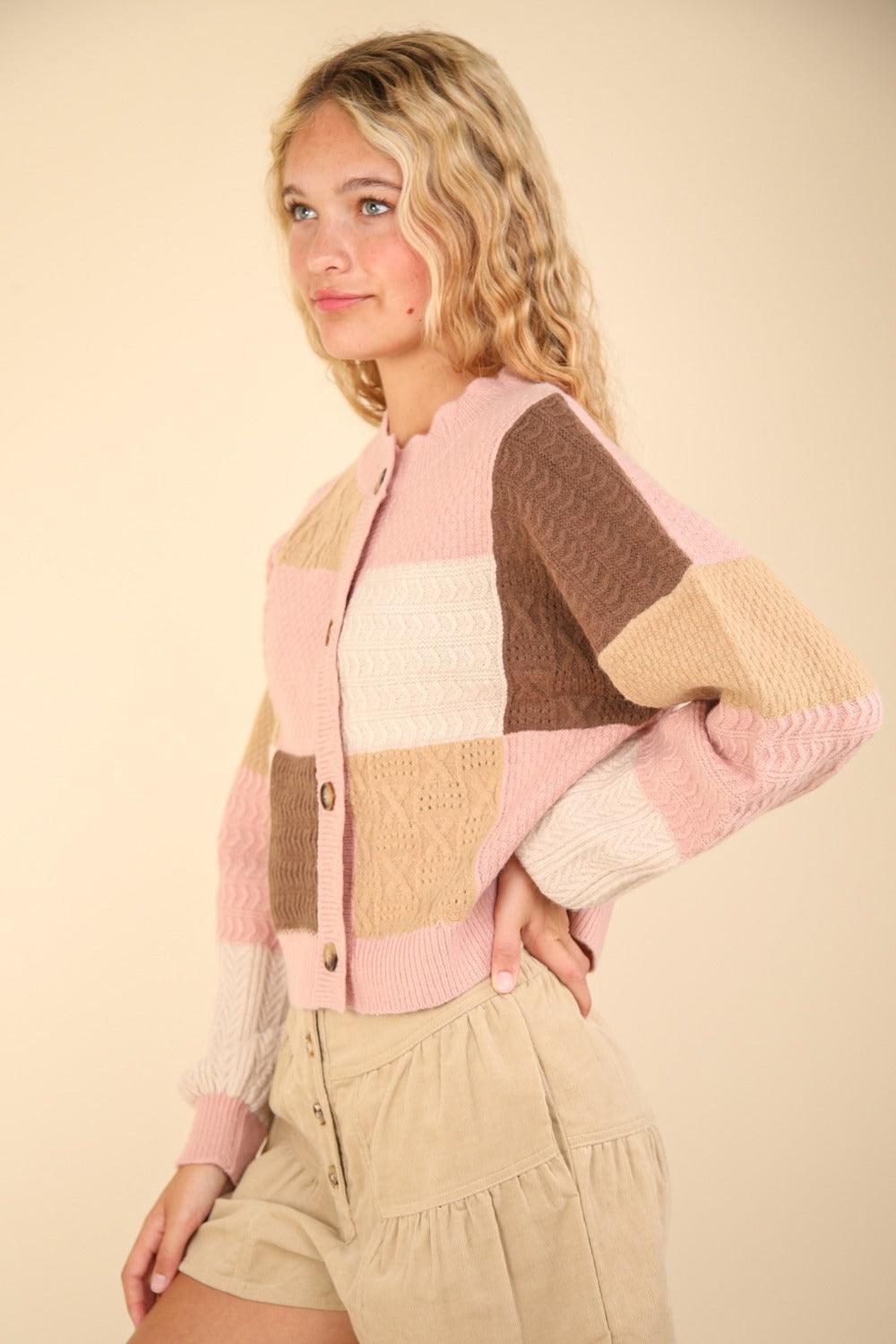 VERY J Color Block Button Down Textured Sweater Cardigan - Purely Goods