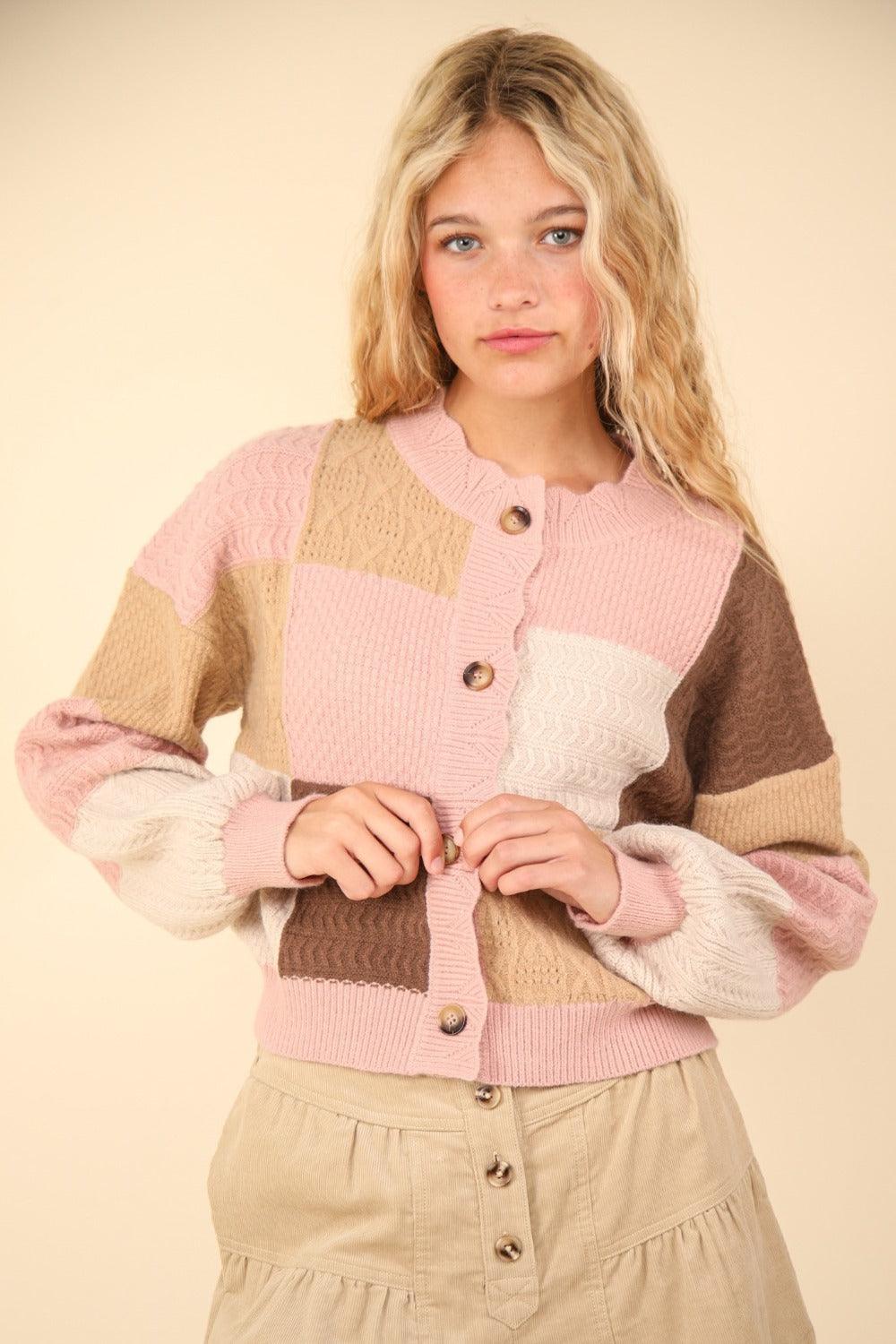 VERY J Color Block Button Down Textured Sweater Cardigan - Purely Goods