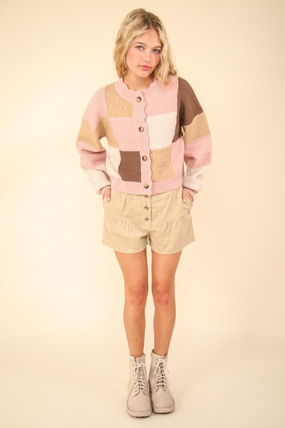 VERY J Color Block Button Down Textured Sweater Cardigan - Purely Goods
