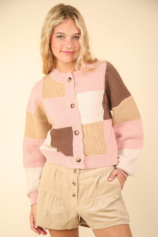 VERY J Color Block Button Down Textured Sweater Cardigan - Purely Goods