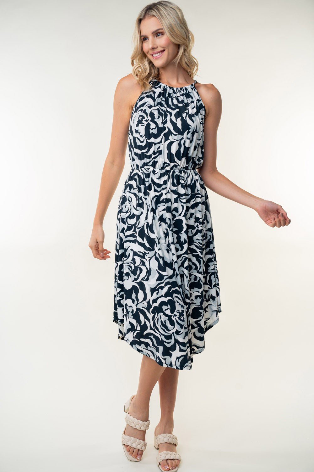 White Birch Tied Ruched Floral Sleeveless Knee Length Dress - Purely Goods