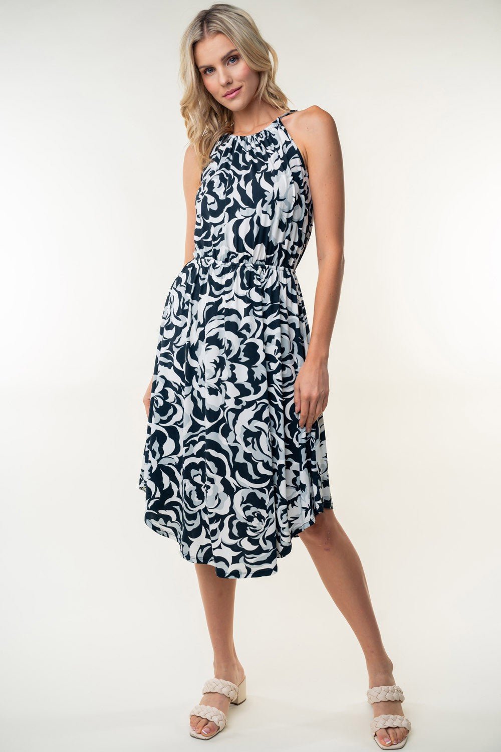 White Birch Tied Ruched Floral Sleeveless Knee Length Dress - Purely Goods