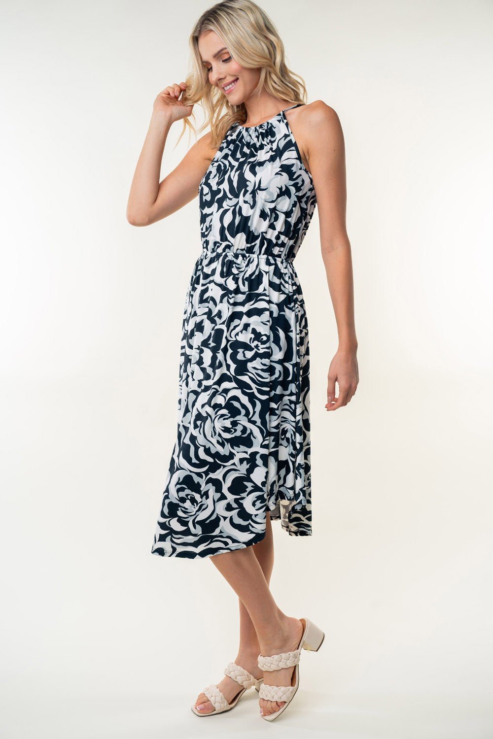 White Birch Tied Ruched Floral Sleeveless Knee Length Dress - Purely Goods