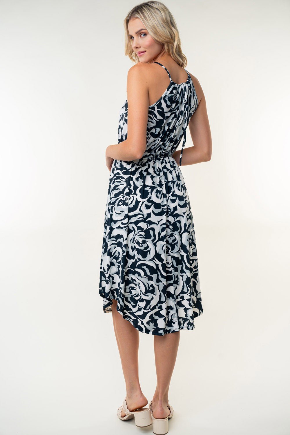 White Birch Tied Ruched Floral Sleeveless Knee Length Dress - Purely Goods