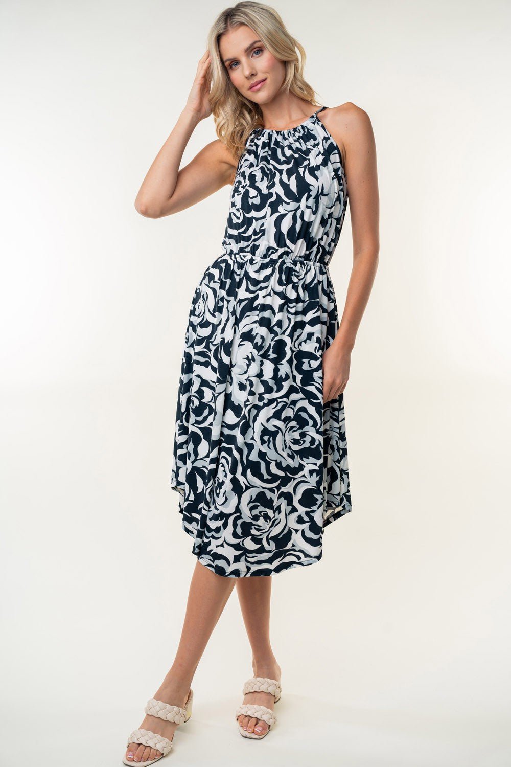 White Birch Tied Ruched Floral Sleeveless Knee Length Dress - Purely Goods